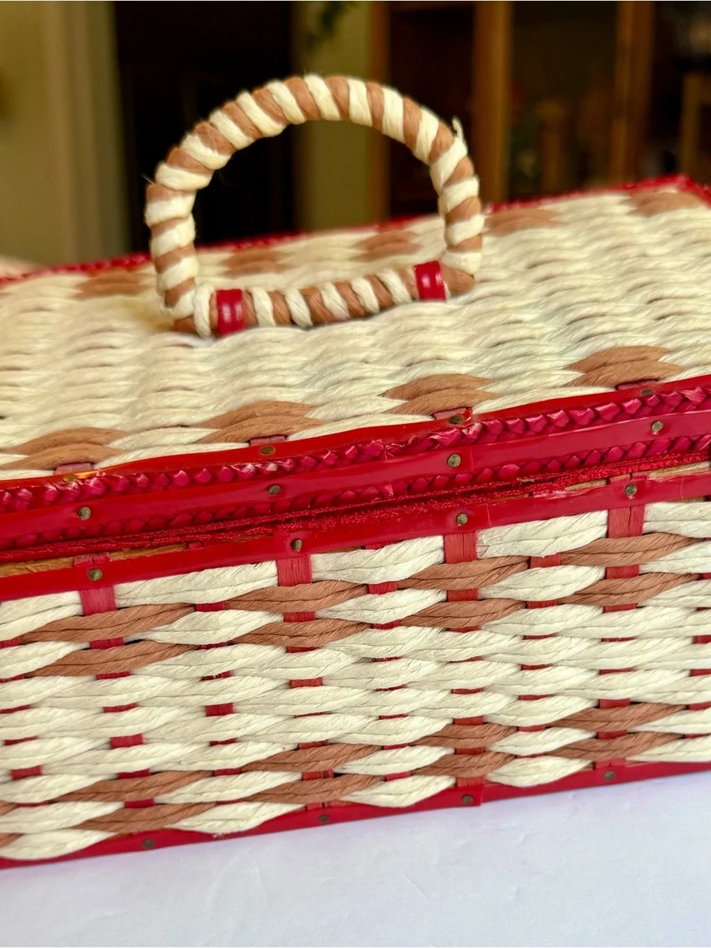Vintage Red Woven Sewing Basket